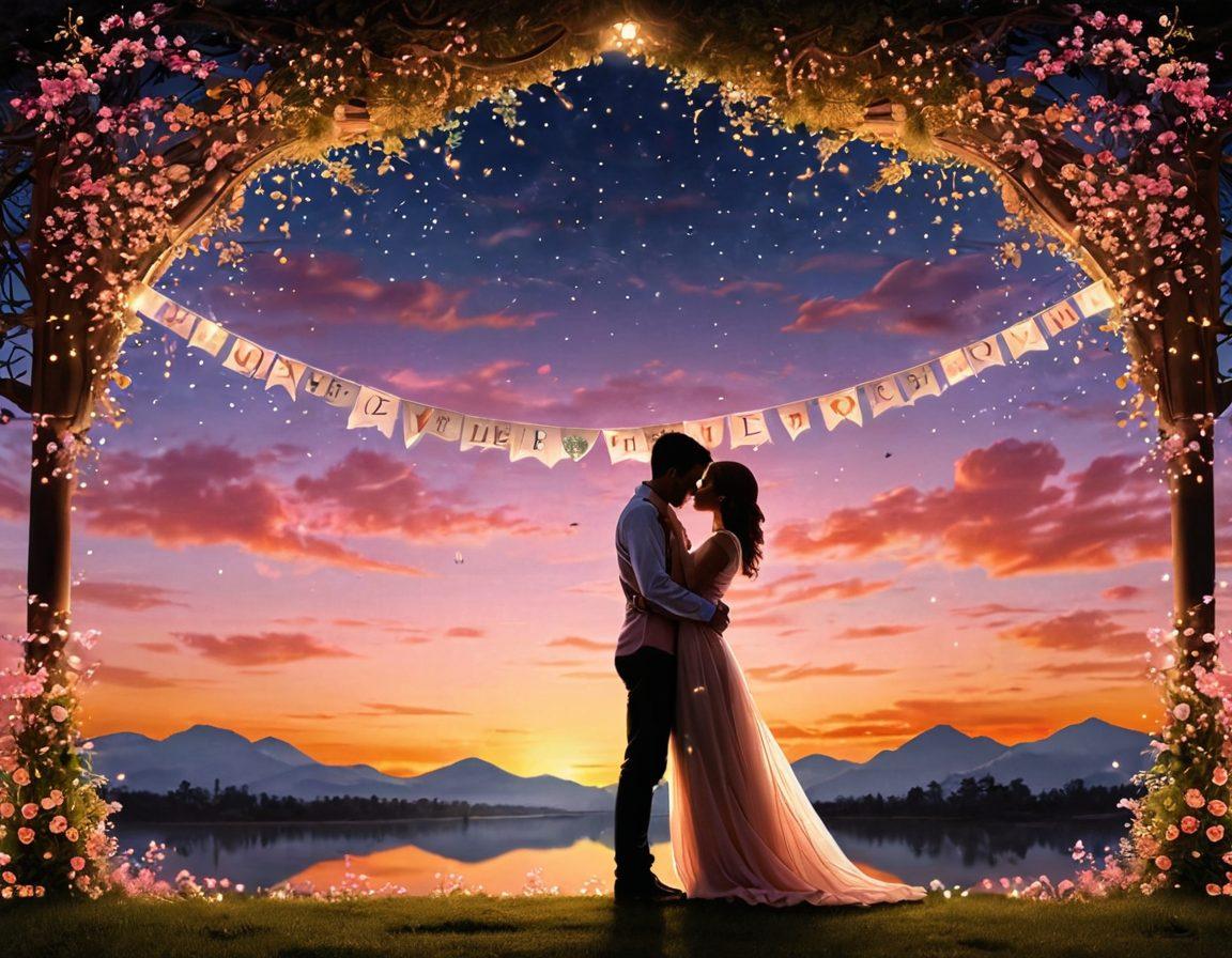 A romantic scene featuring a beautifully designed customized banner that captivates with intricate floral patterns and soft, glowing lights. The background should be a dreamy sunset sky with hues of pink and orange, evoking warmth and affection. Include people holding the banner, smiling and celebrating love, surrounded by sparkles and hearts. The overall mood should be enchanting and inviting, reflecting a romantic atmosphere. super-realistic. vibrant colors. 3D.