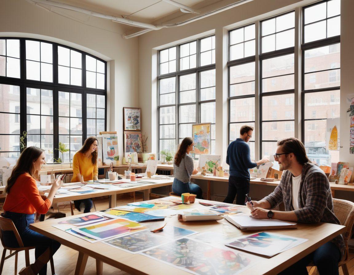 A vibrant and colorful scene depicting a creative design studio filled with interactive promotional materials, like eye-catching posters and playful product displays. In the foreground, a diverse group of happy designers collaborates around a large table, sketching ideas and brainstorming. Affectionate gestures like high-fives and smiles enhance the atmosphere of teamwork and creativity. Background features large windows with natural light pouring in, showcasing a whimsical city view. vector art. vivid colors. playful style.